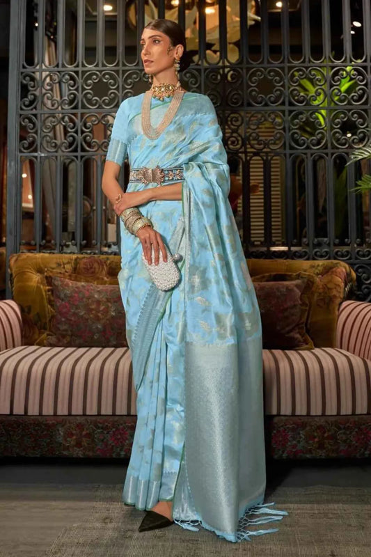 Sky Blue Colour Zari Weaving Designer Banarasi Silk Saree