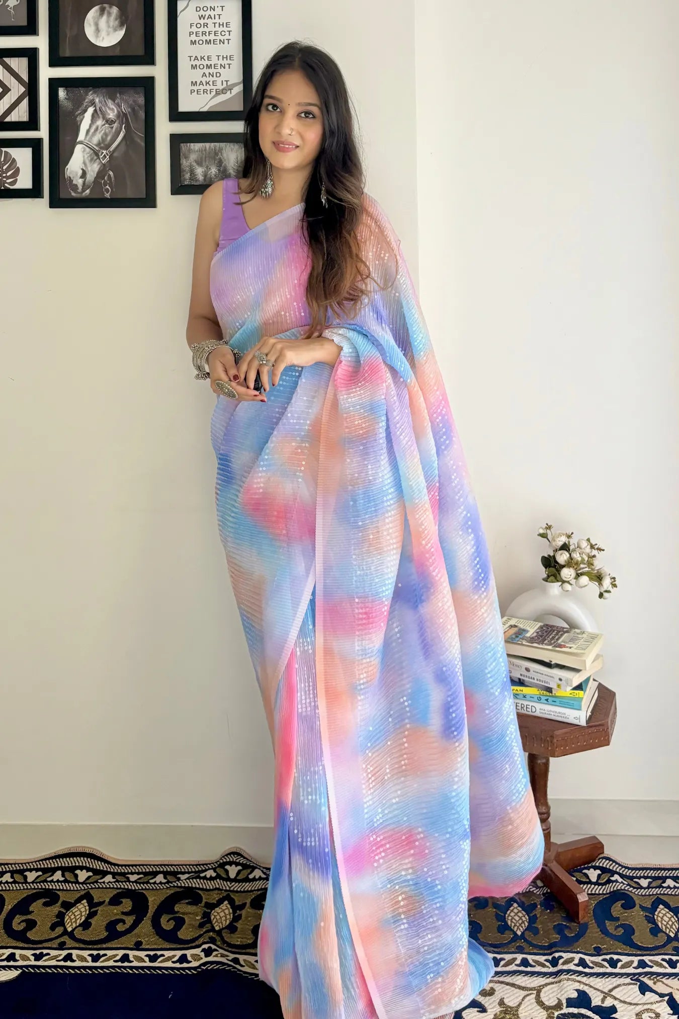 Sky Blue Colour Designer Ethnic Sequin Party Wear Silk Saree