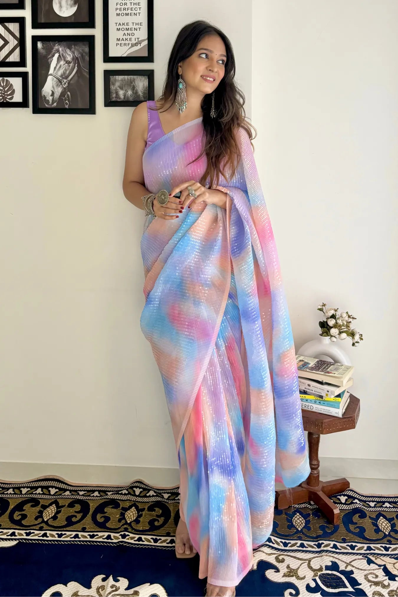 Sky Blue Colour Designer Ethnic Sequin Party Wear Silk Saree