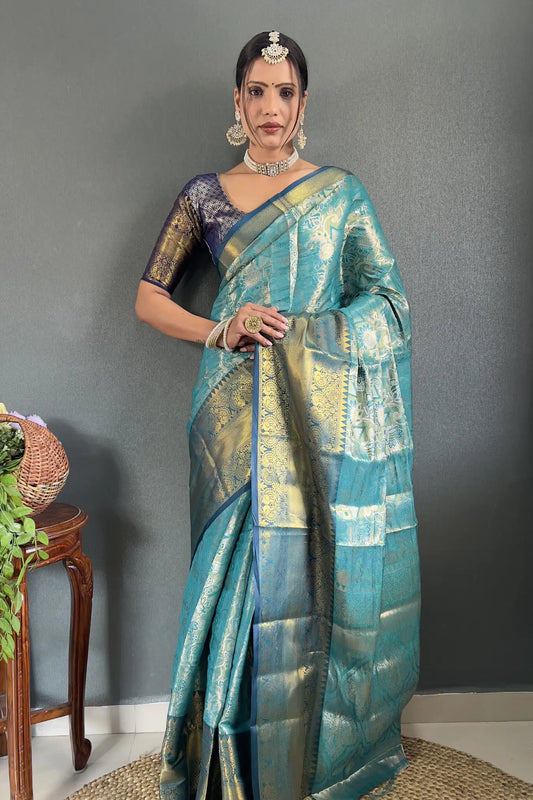 Sky Blue Colour Zari Woven Ready To Wear Kanjivaram Silk Saree