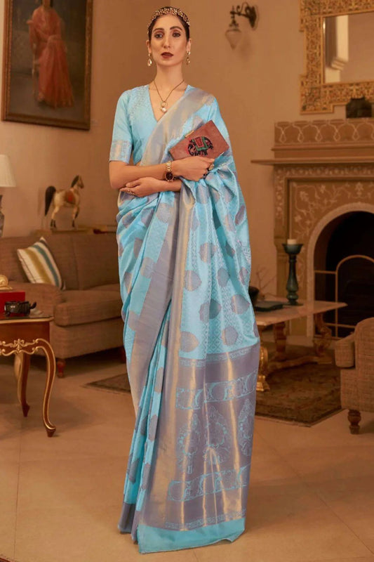 Sky Blue Colour Copper Zari Woven Banarasi Silk Saree