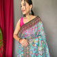 Sky Blue Colour Cotton Kalamkari Printed Silk Saree