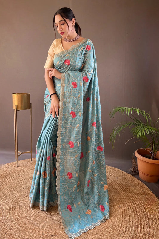 Sky Blue Colour Floral Design Handloom Tussar Silk Saree