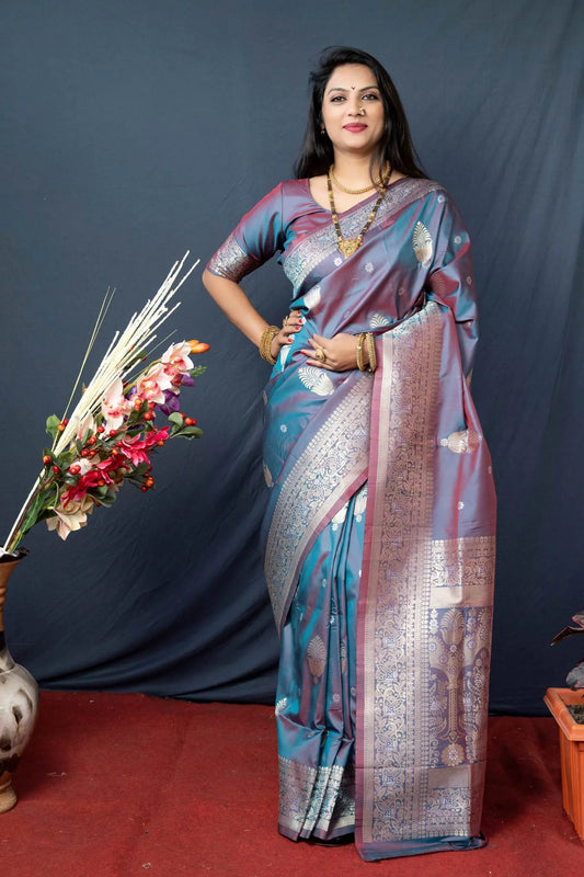 Sky Blue Colour Function Wear Banarasi Silk Saree