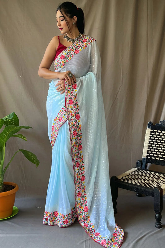 Sky Blue Colour Georgette Sequence Embroidered Silk Saree