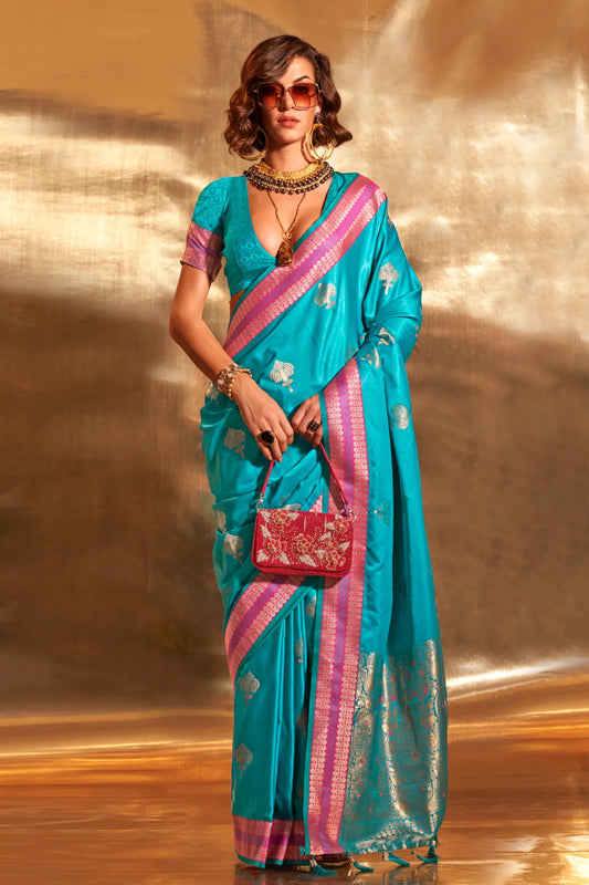 Sky Blue Colour Contrast Handloom Weaving Satin Silk Saree