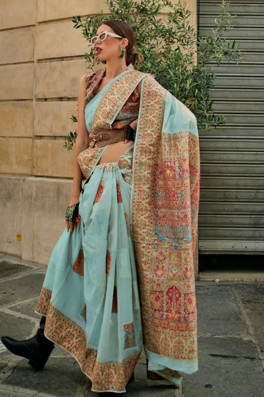 Sky Blue Colour Handloom Woven Kashmiri Pashmina Silk Saree