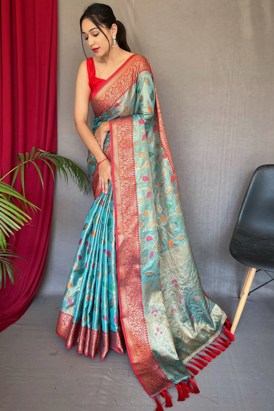 Sky Blue Colour Meenakari Woven Kanjivaram Tissue Silk Saree