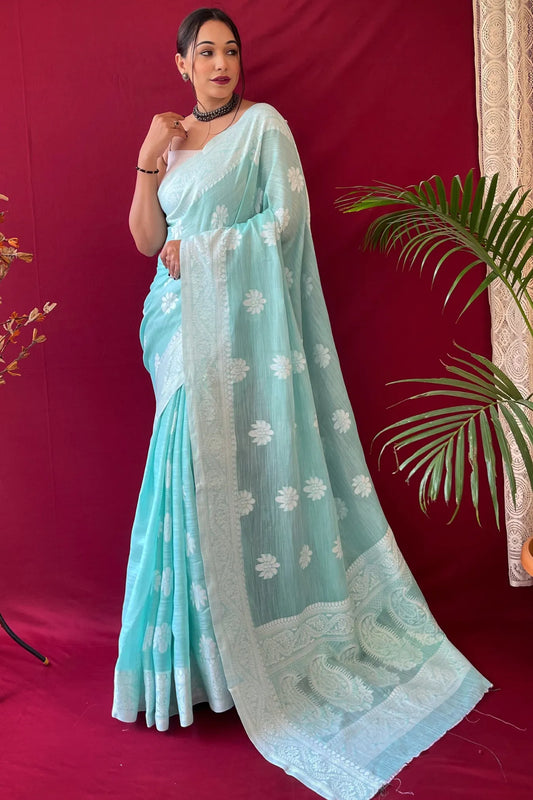 Sky Blue Colour Lucknowi Linen Cotton Silk Saree
