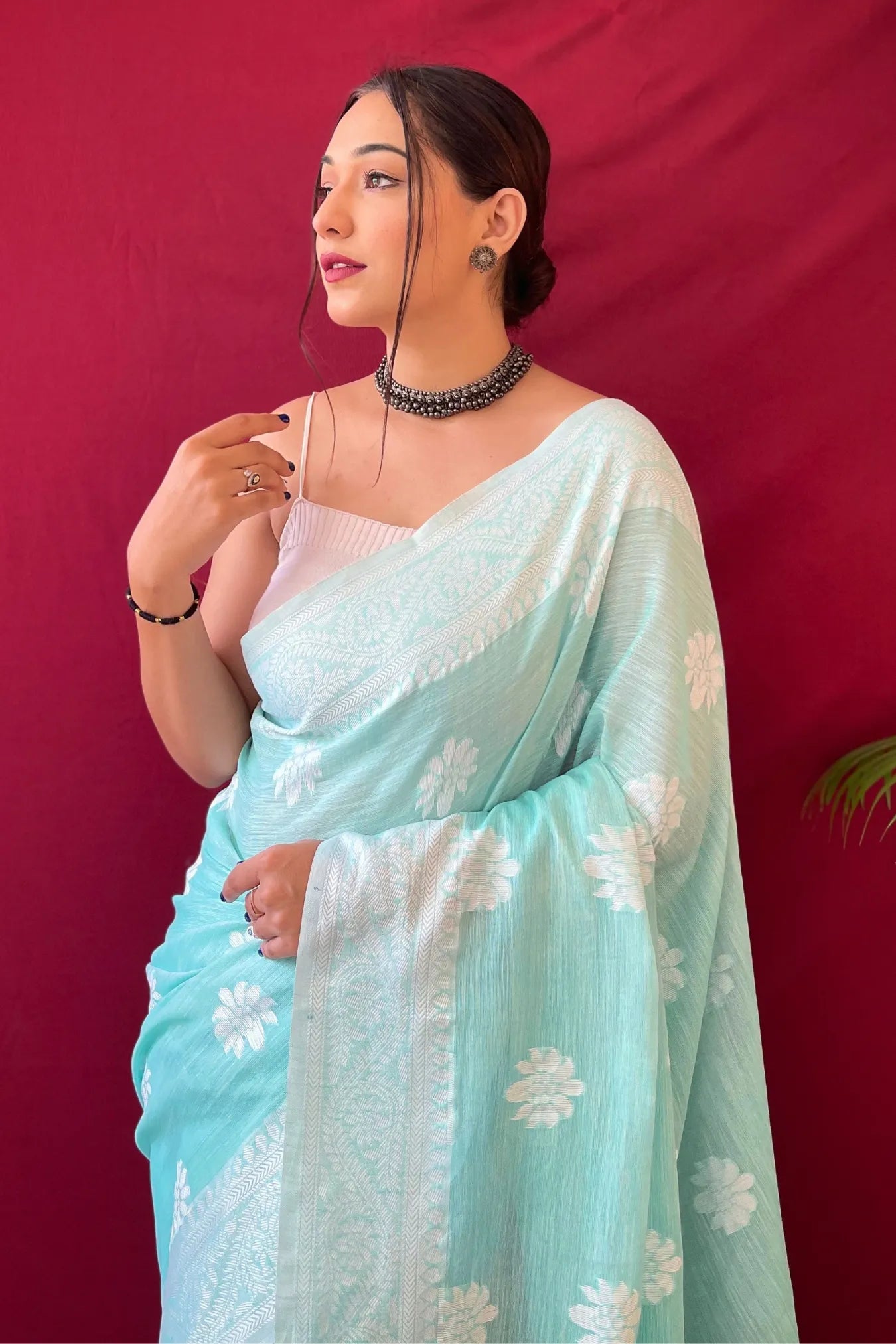 Sky Blue Colour Lucknowi Linen Cotton Silk Saree