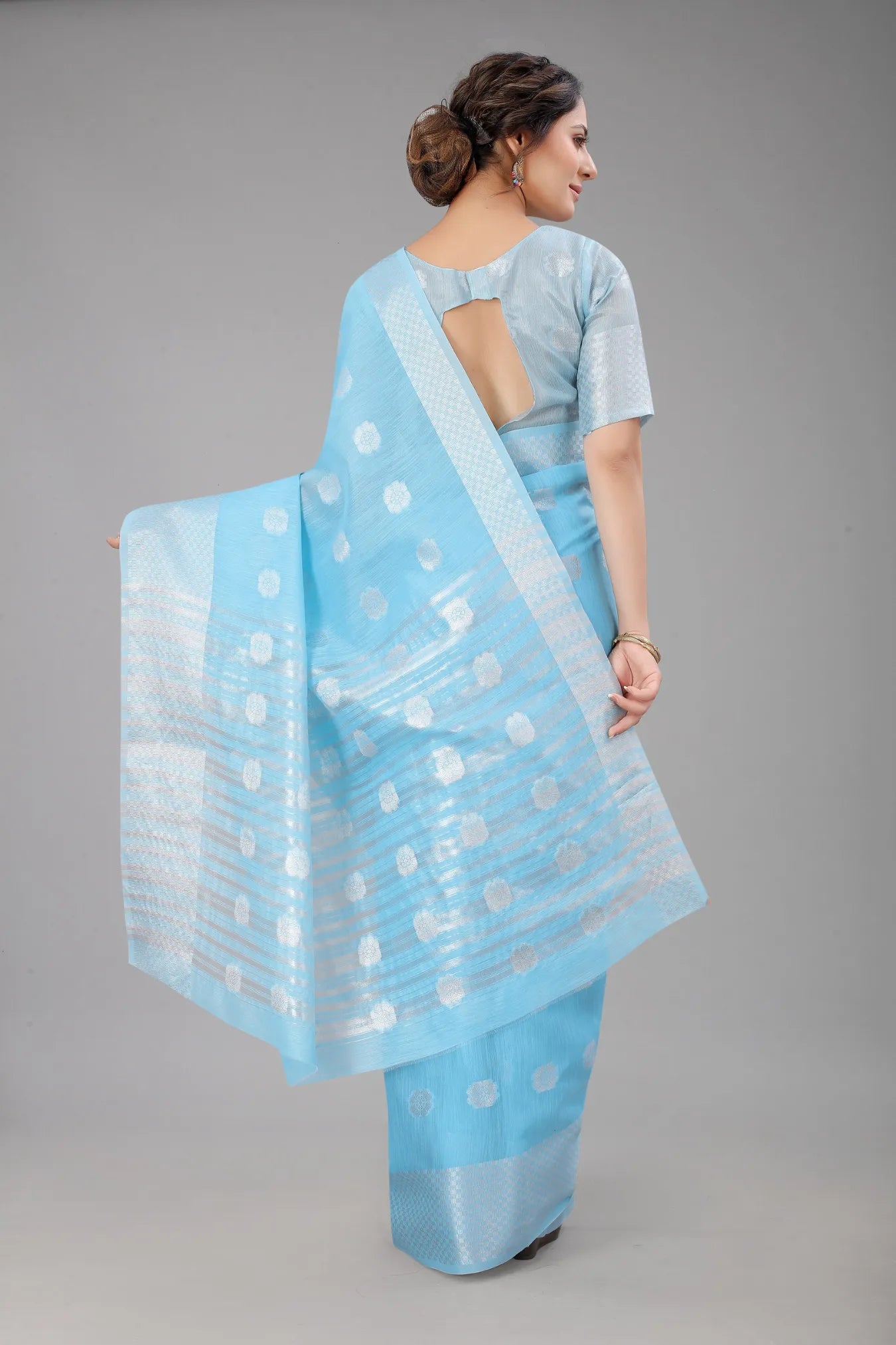 Sky Blue Colour Ready To Wear Linen Cotton Silk Saree