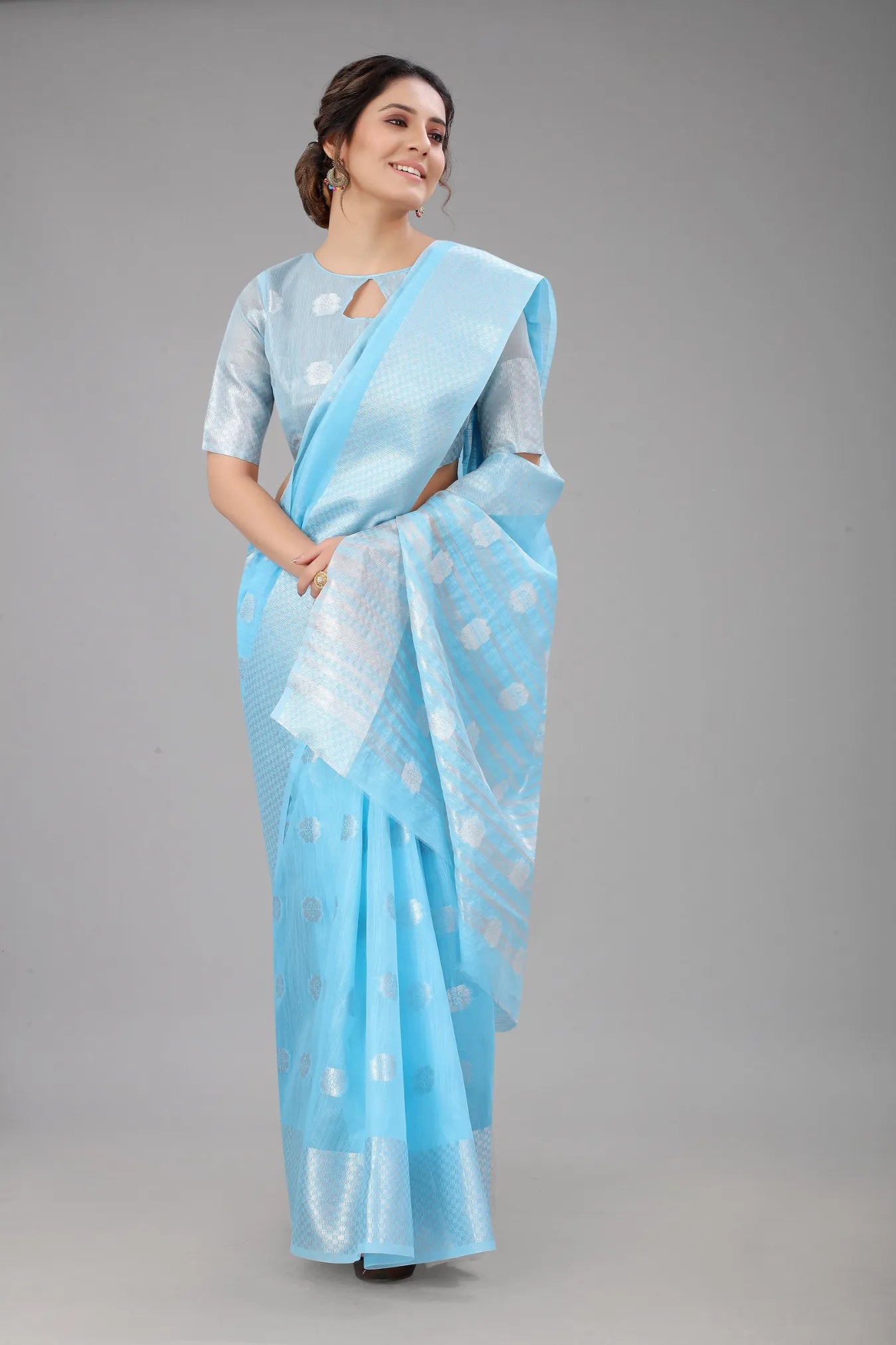 Sky Blue Colour Ready To Wear Linen Cotton Silk Saree
