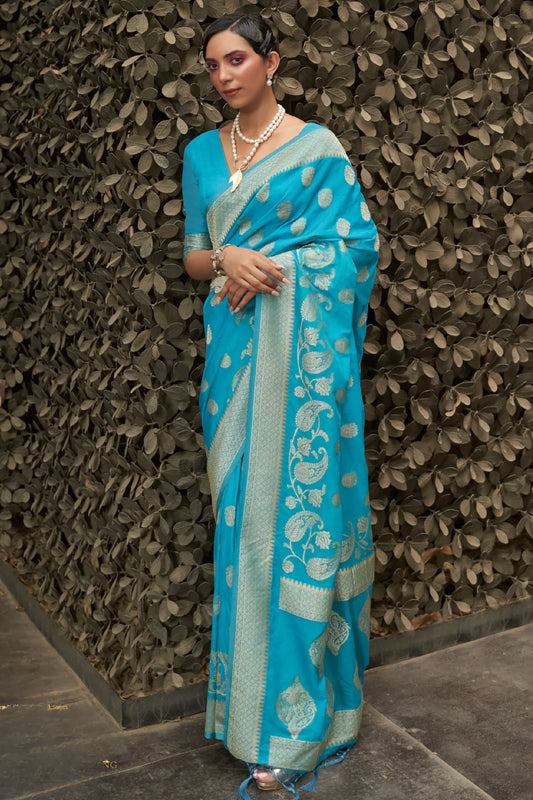 Sky Blue Colour Zari Woven Banarasi Cotton Silk Saree