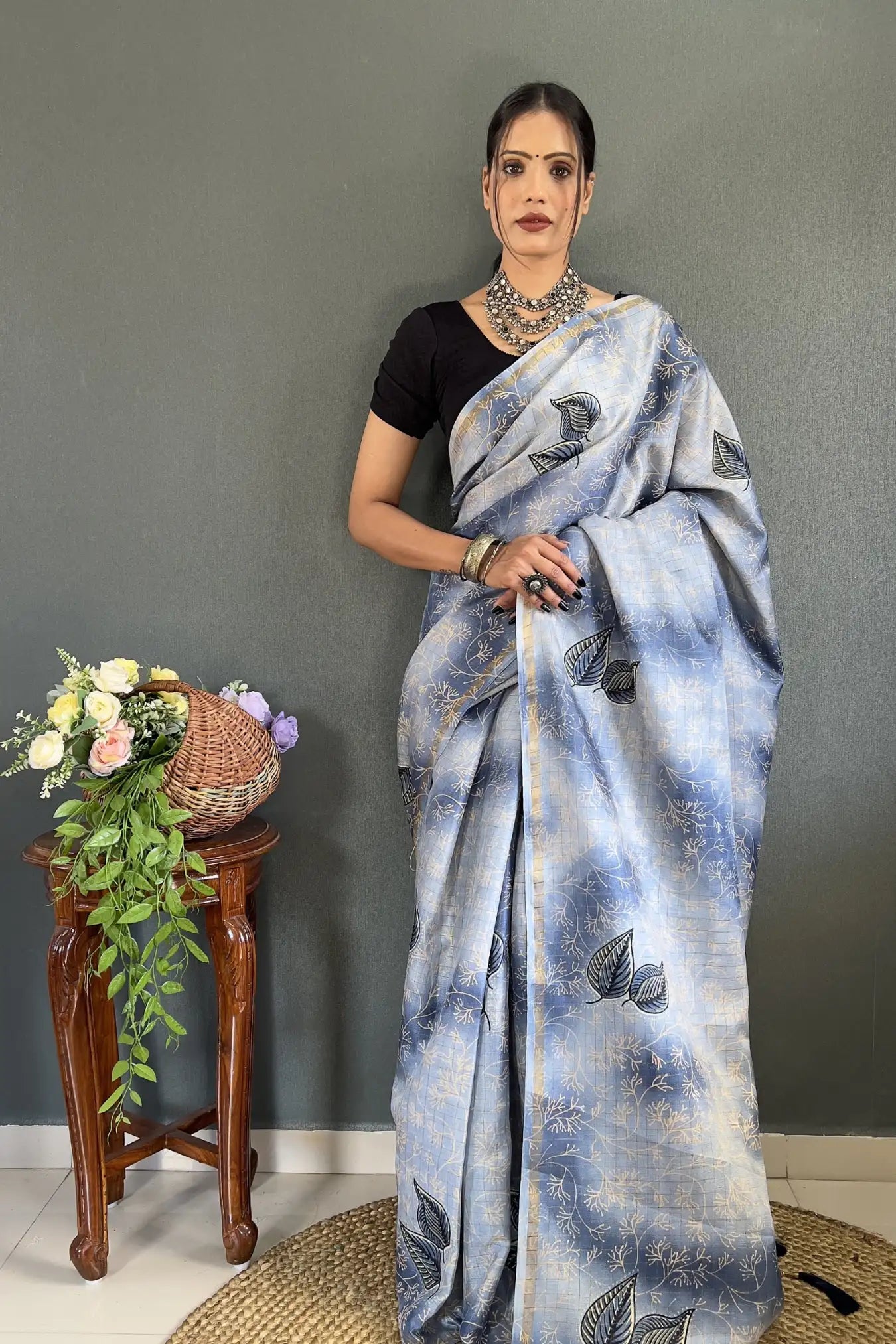 Sky Blue Colour Digital Printed Silk Cotton Ready To Wear Saree