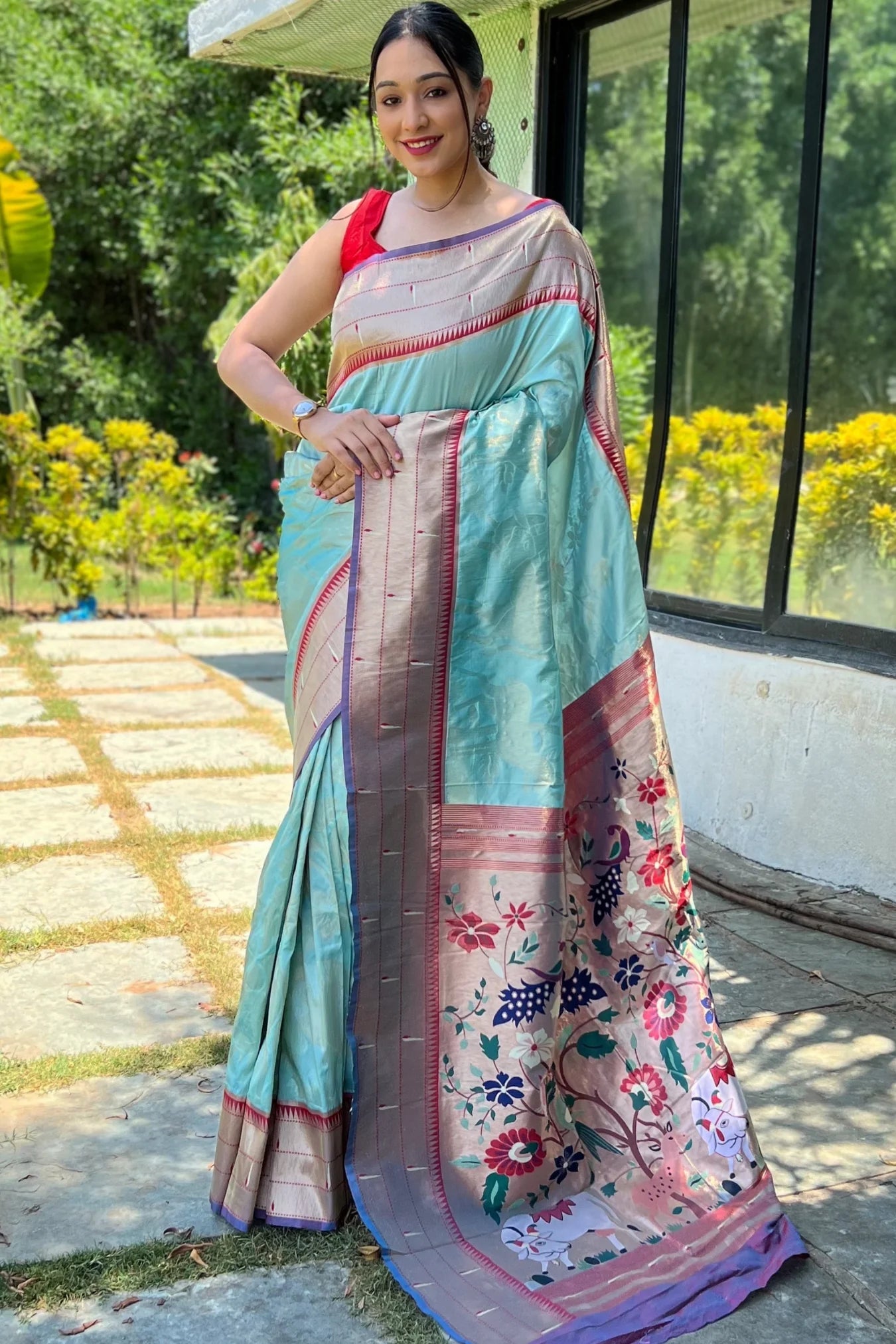Sky Blue Colour Floral Woven Soft Paithani Silk Saree