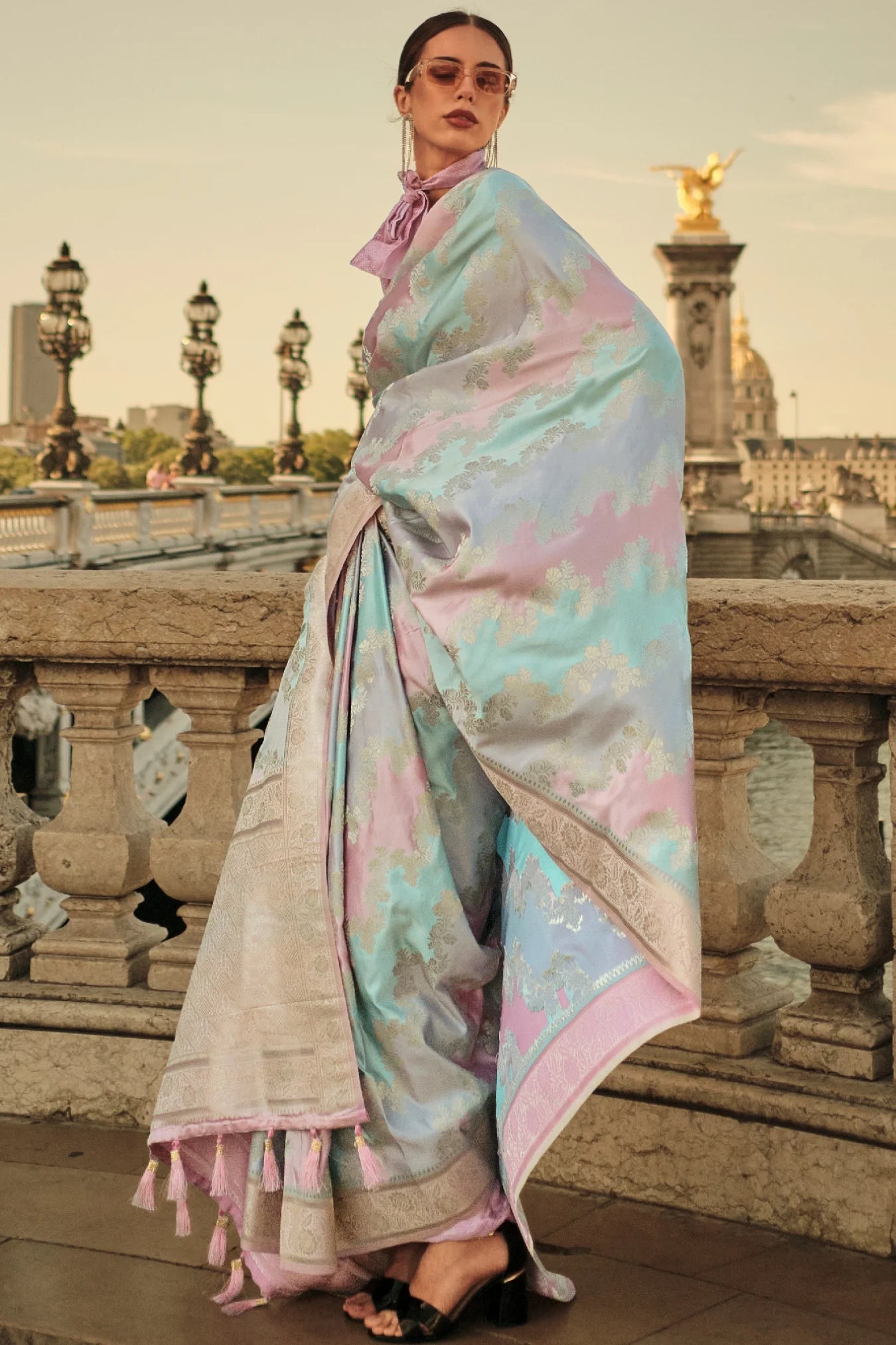 Sky Blue Colour Handloom Woven Satin Silk Saree