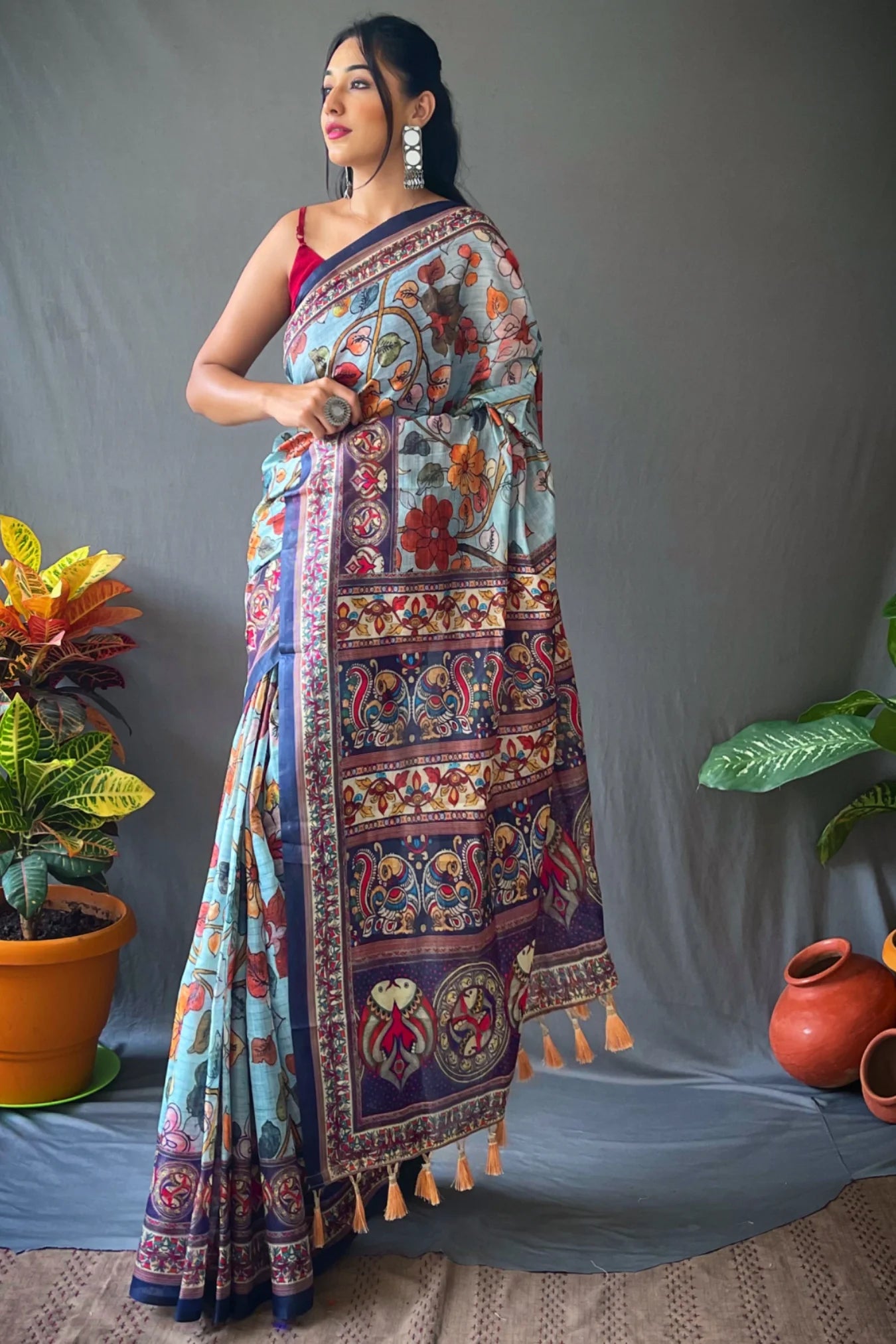 Sky Blue Colour Kalamkari Digital Printed Cotton Silk Saree