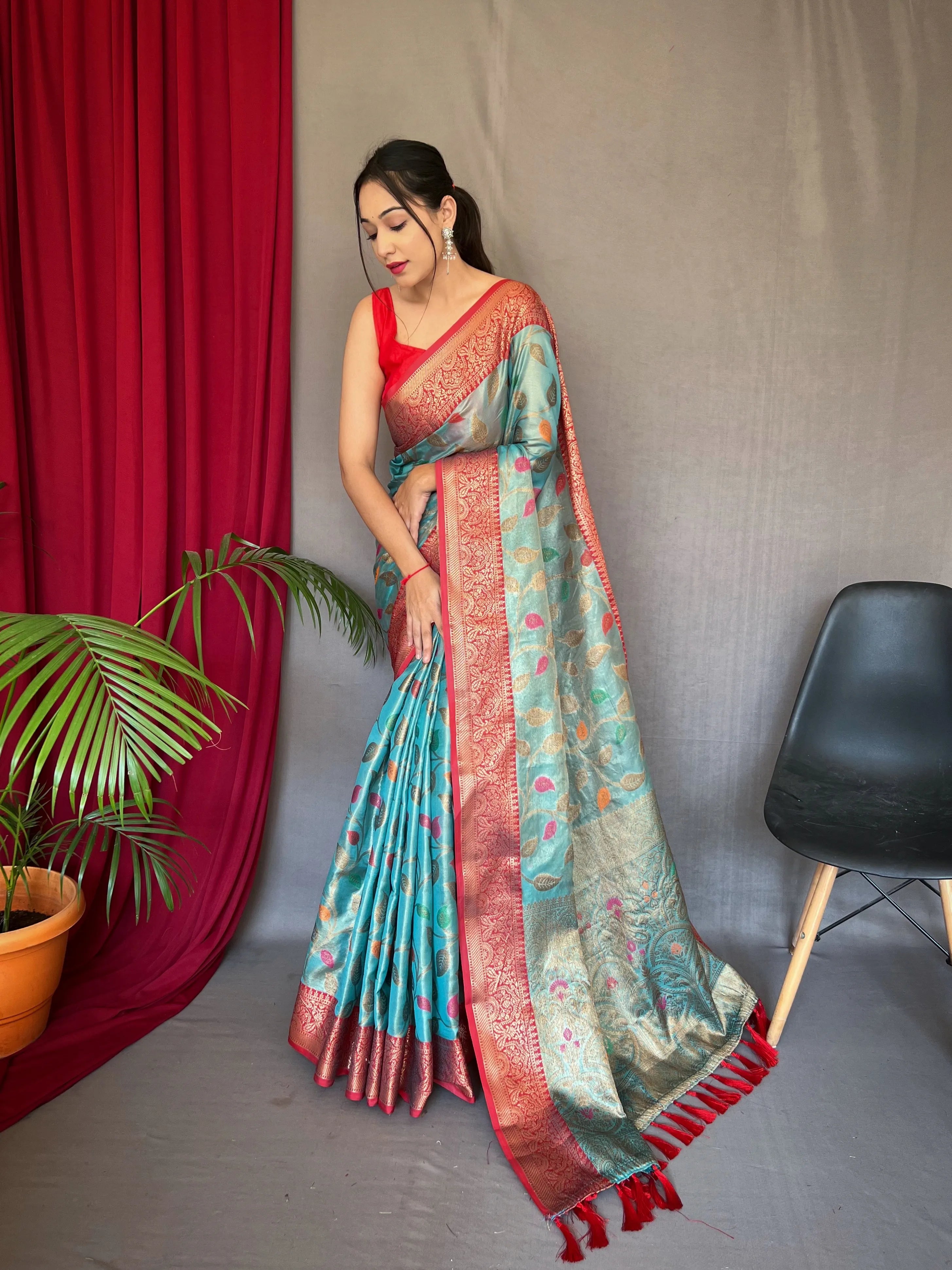Sky Blue Colour Meenakari Woven Kanjivaram Tissue Silk Saree