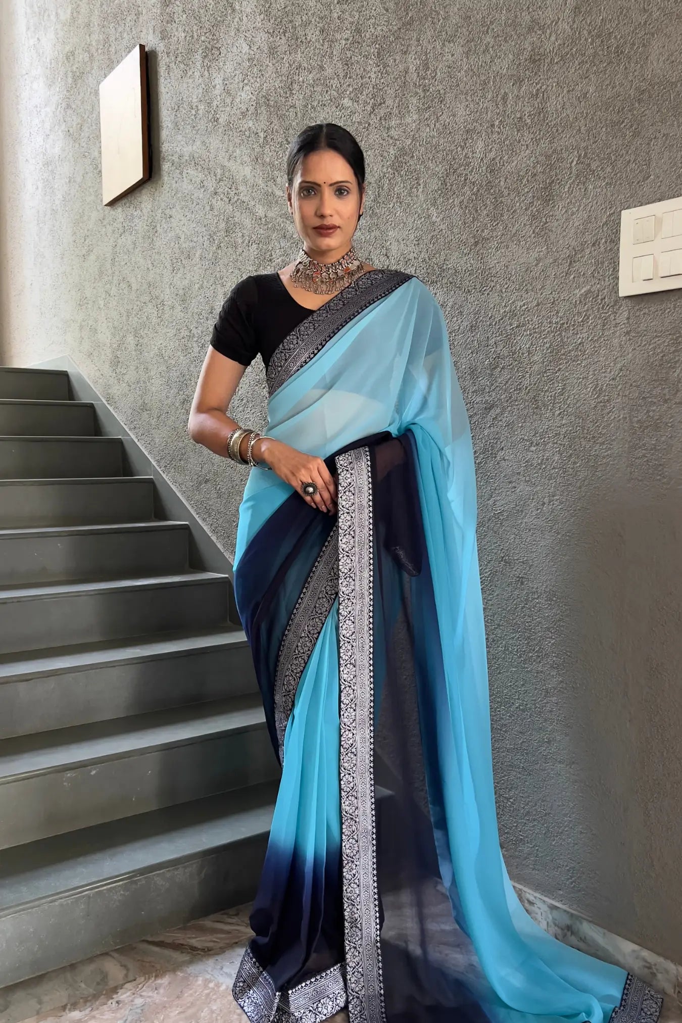 Sky Blue Colour Georgette Silk Two Shaded Ready To Wear Saree
