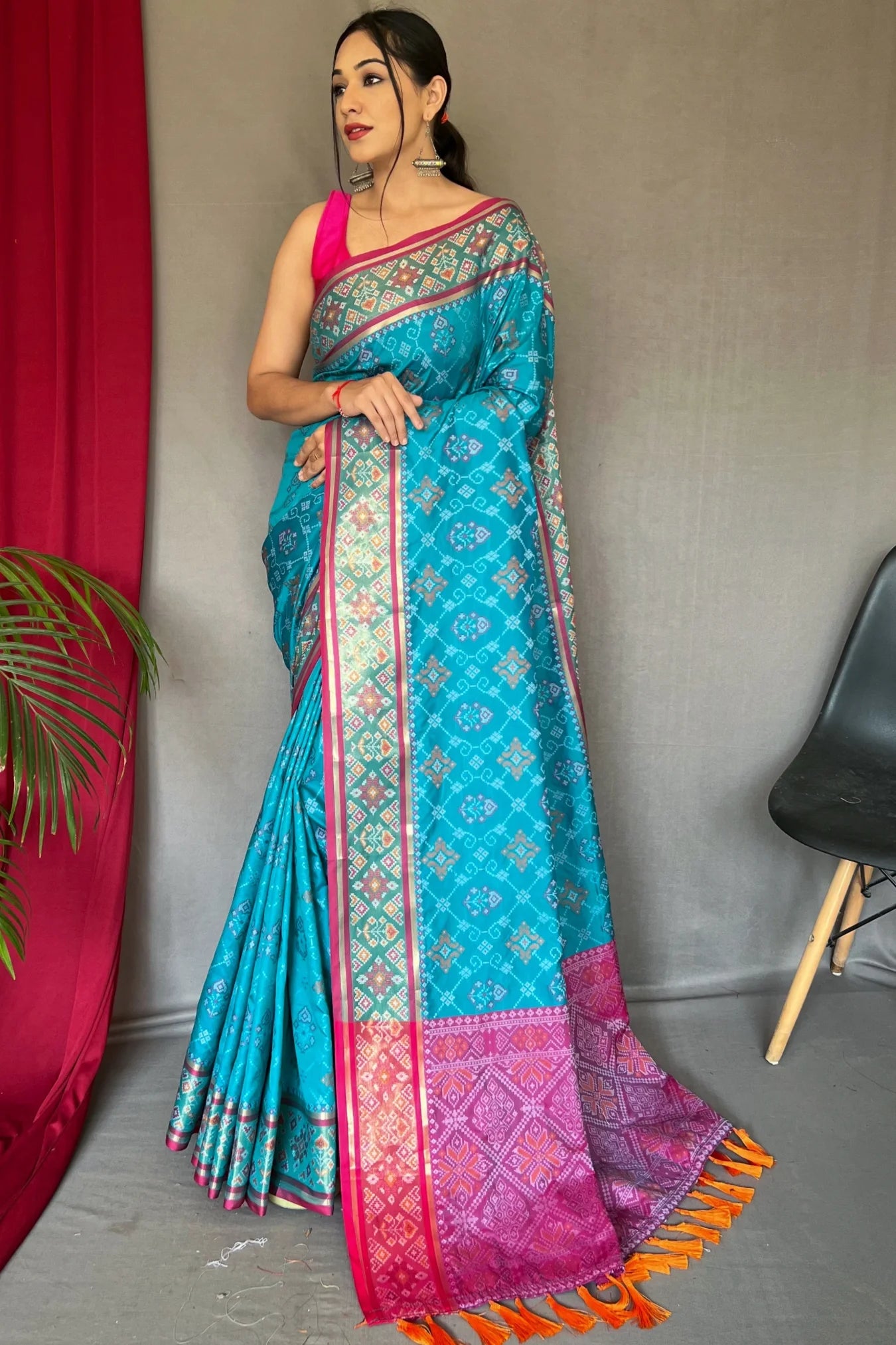 Sky Blue Colour Rangeen Patola Contrast Woven Silk Saree