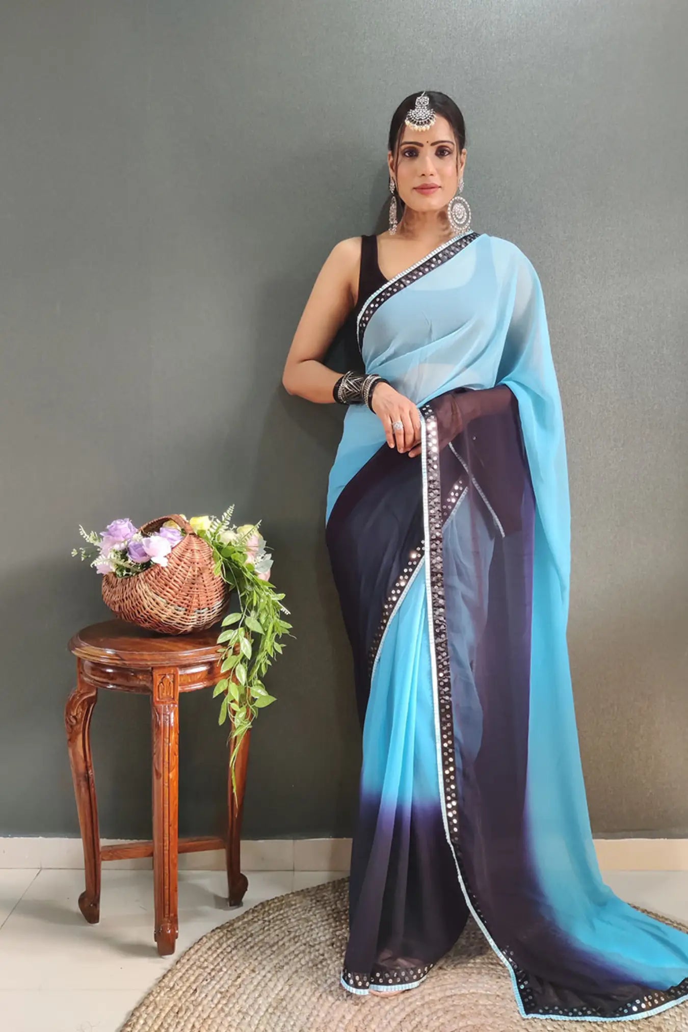Sky Blue Colour Ready To Wear Two Colors Shaded Silk Saree