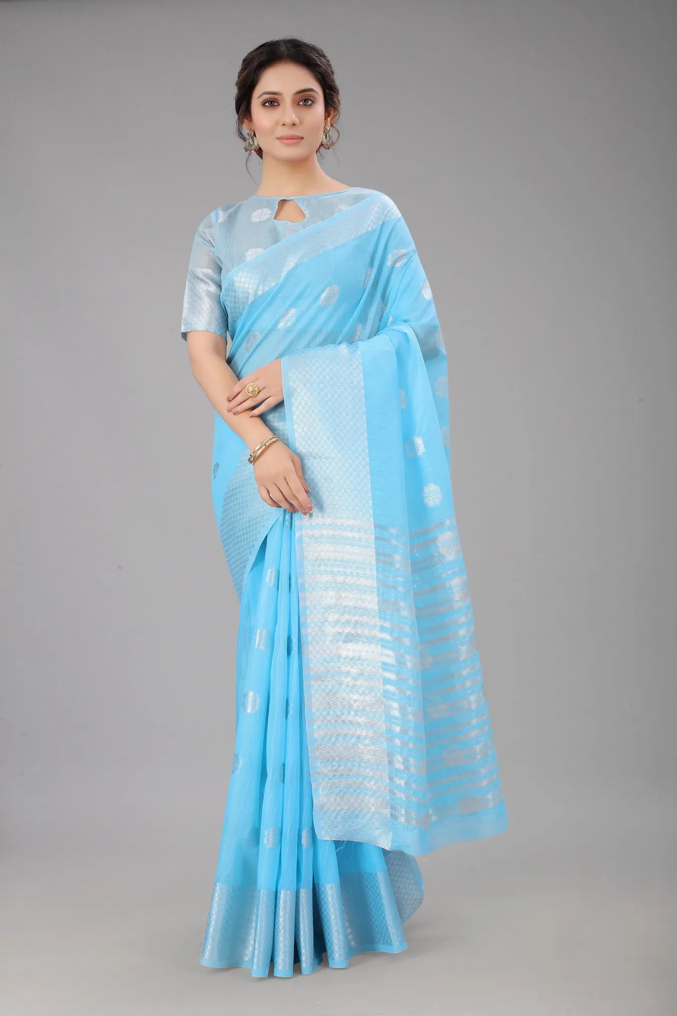 Sky Blue Colour Ready To Wear Linen Cotton Blend Saree