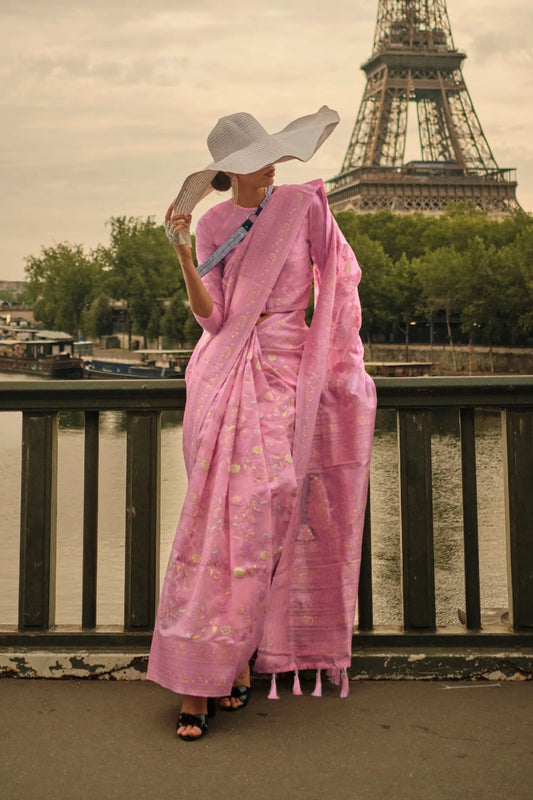 Baby Pink Colour Traditional Woven Cotton Silk Saree