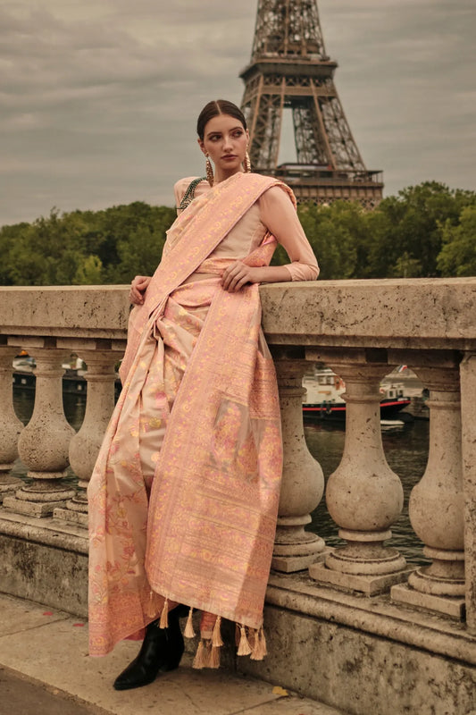Peach Colour Traditional Woven Cotton Silk Saree