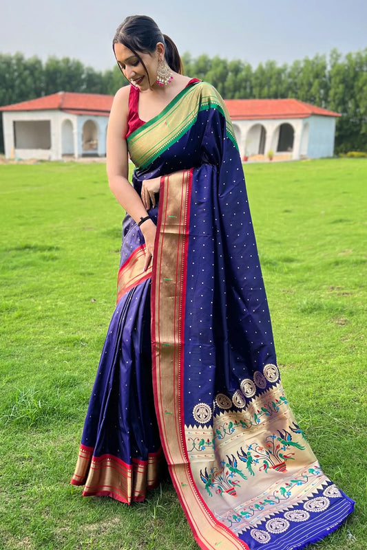 Trendy Blue Colour Paithani Silk Saree