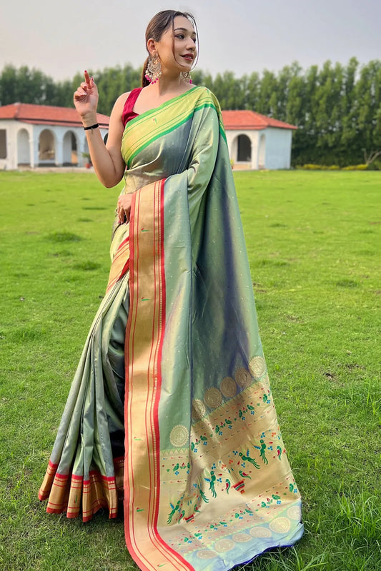 Trendy Green Colour Paithani Silk Saree