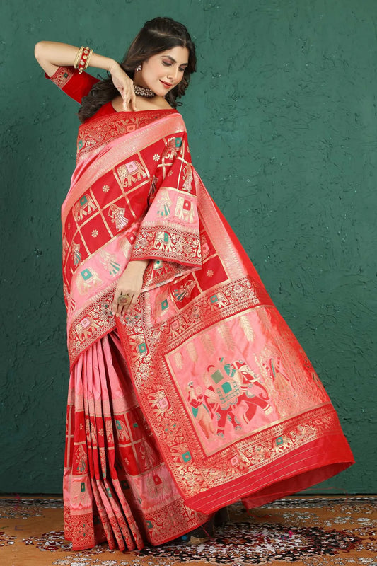 Peach Colour Traditional Wear Zari Woven Patola Silk Saree