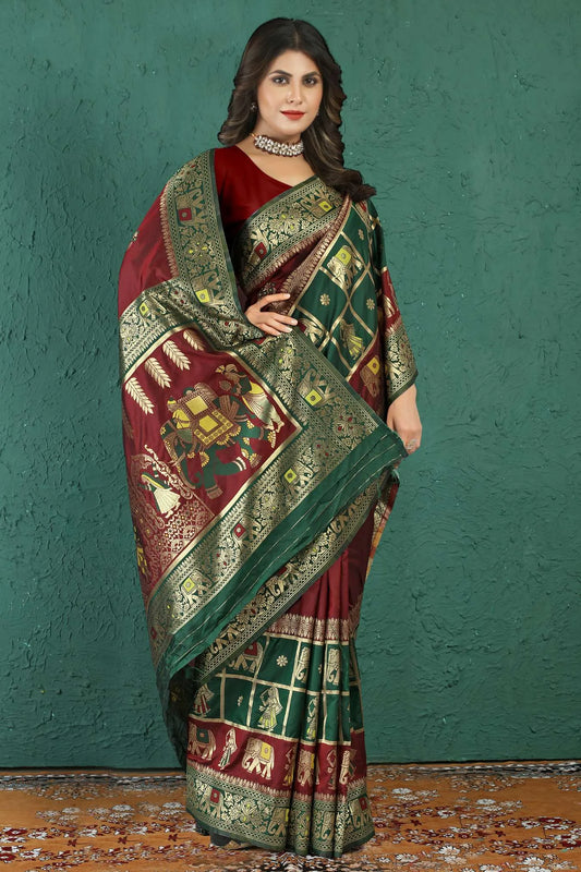 Maroon Colour Traditional Wear Zari Woven Patola Silk Saree