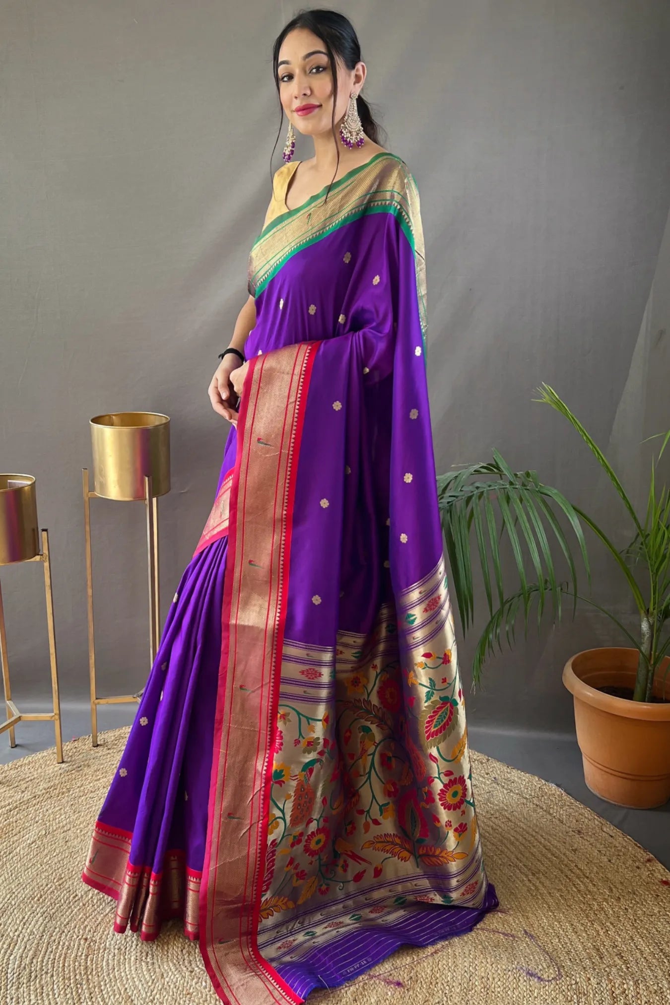 Violet Colour Floral Woven Paithani Silk Saree