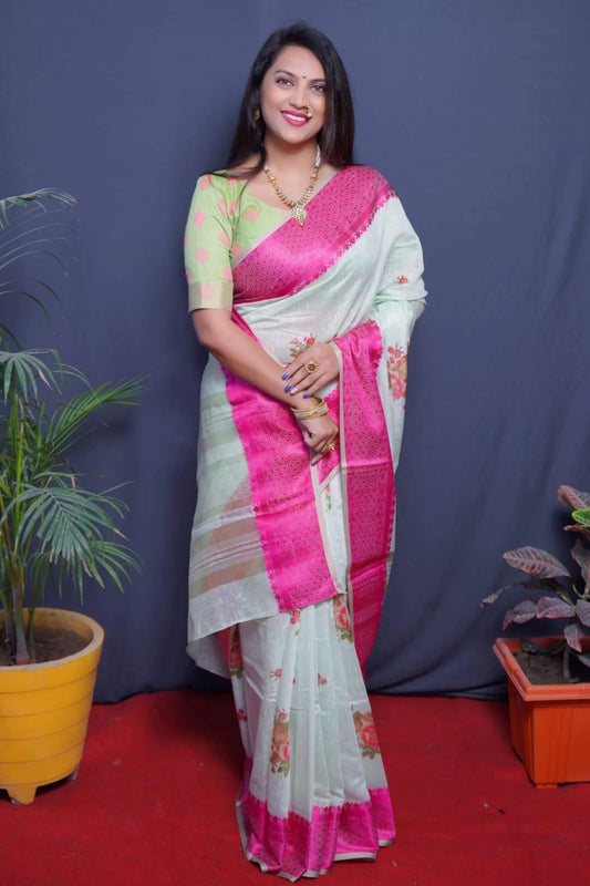 White Colour Indian Wear Linen Silk Saree