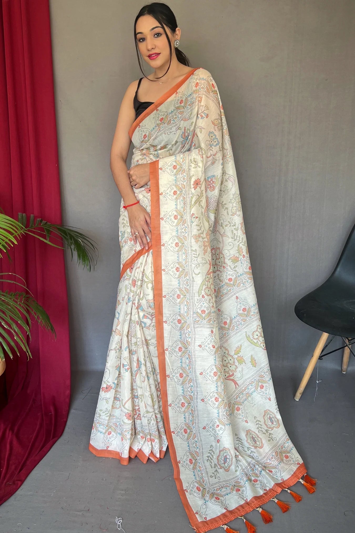 White Colour Cotton Orange Katha Printed Silk Saree