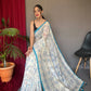 White Colour Cotton Sky Blue Katha Printed Silk Saree