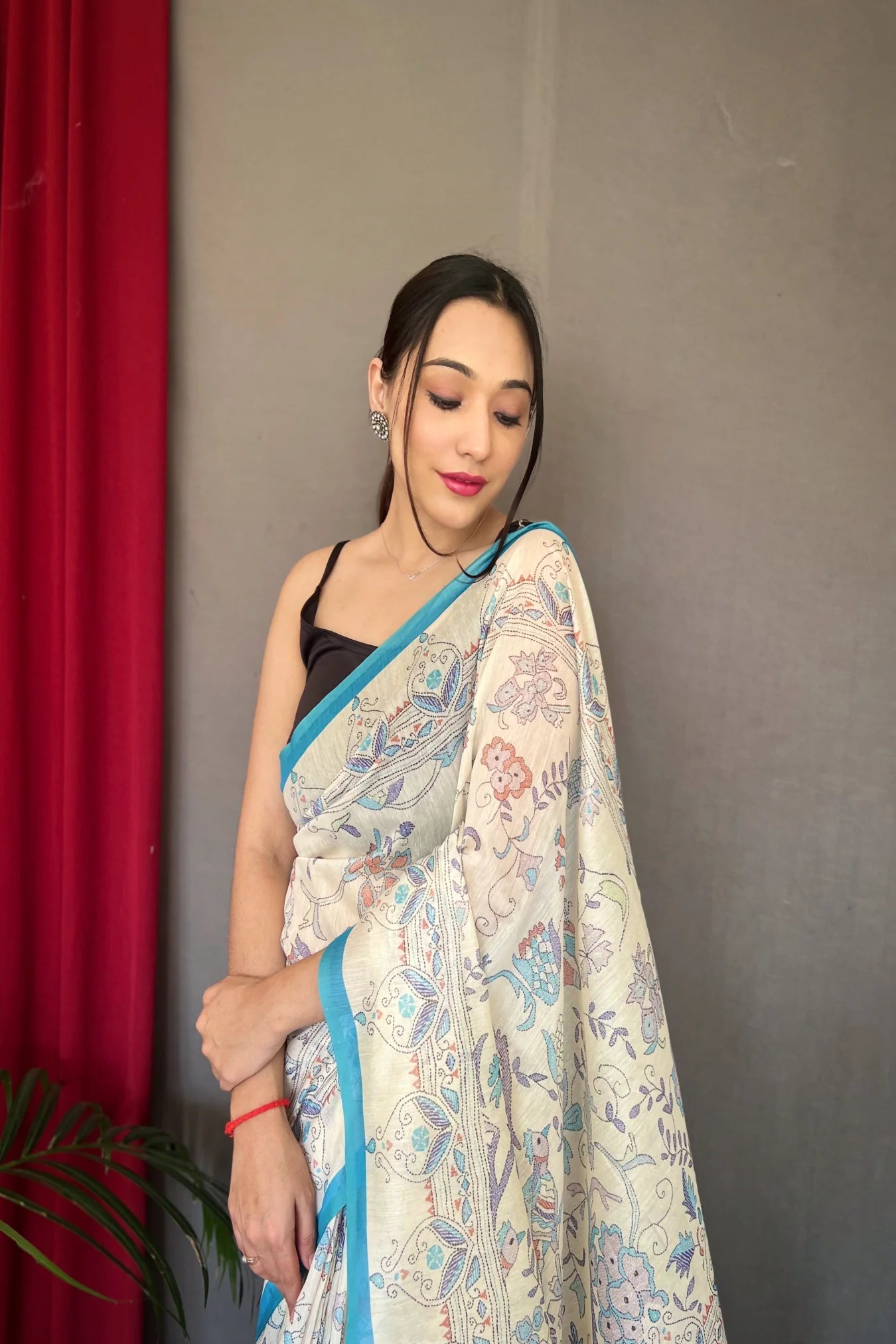 White Colour Cotton Sky Blue Katha Printed Silk Saree