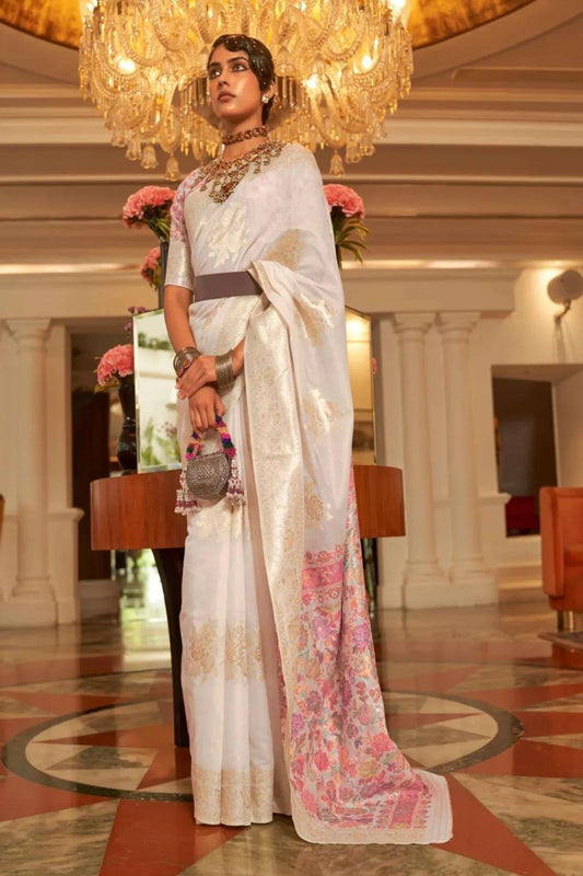 White Colour Kashmiri Handloom Woven Silk Saree