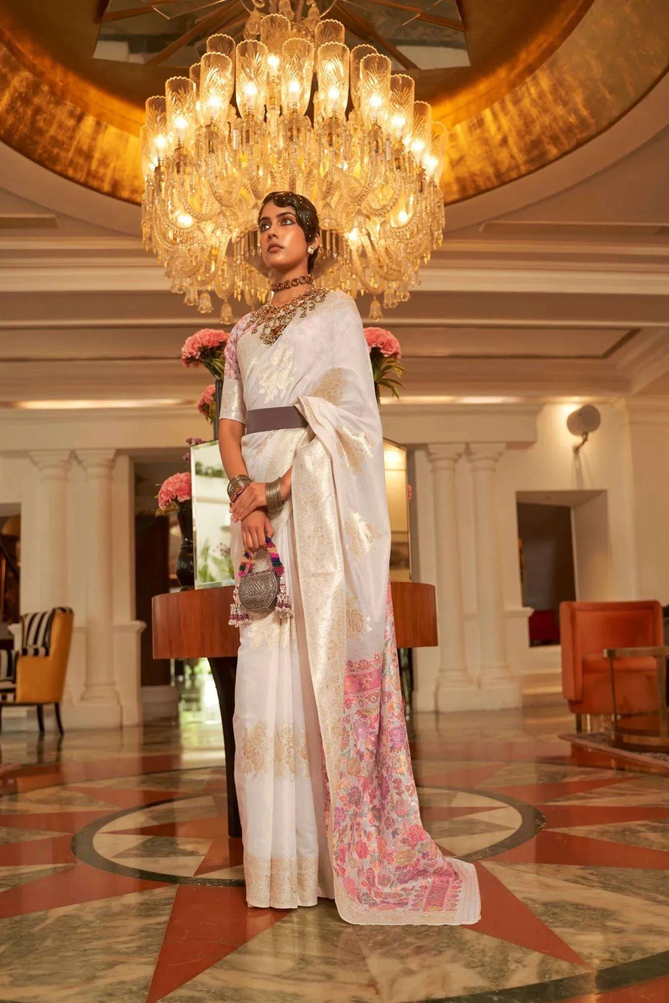 White Colour Kashmiri Handloom Woven Silk Saree