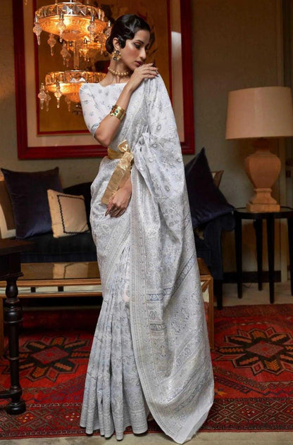 White Colour Kashmiri Woven Handloom Silk Saree
