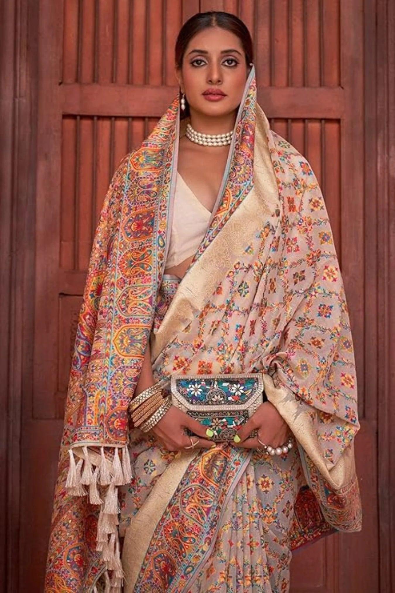 White Colour Kashmiri Woven Pashmina Silk Saree