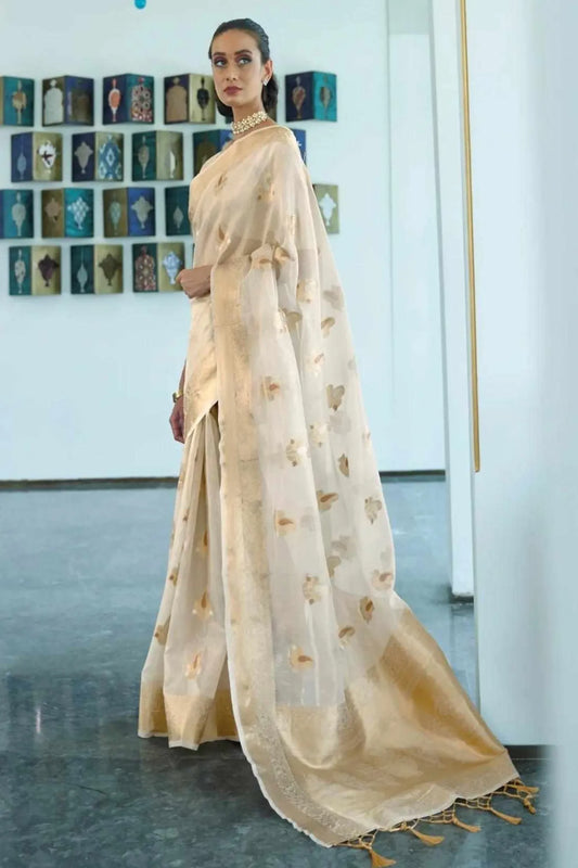 White Colour Wedding Wear Fancy Zari Woven Organza Silk Saree