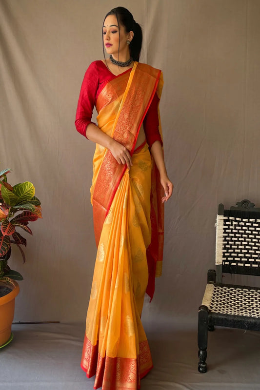 Yellow Colour Zari Weaving Linen Silk Saree