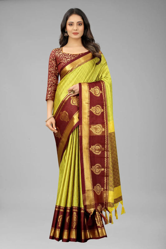 Lemon Yellow Colour Ready To Wear Banarasi Cotton Silk Saree