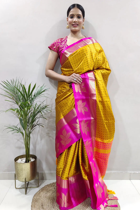 Yellow Colour Indian Ethnic Wear Banarasi Soft Silk Saree