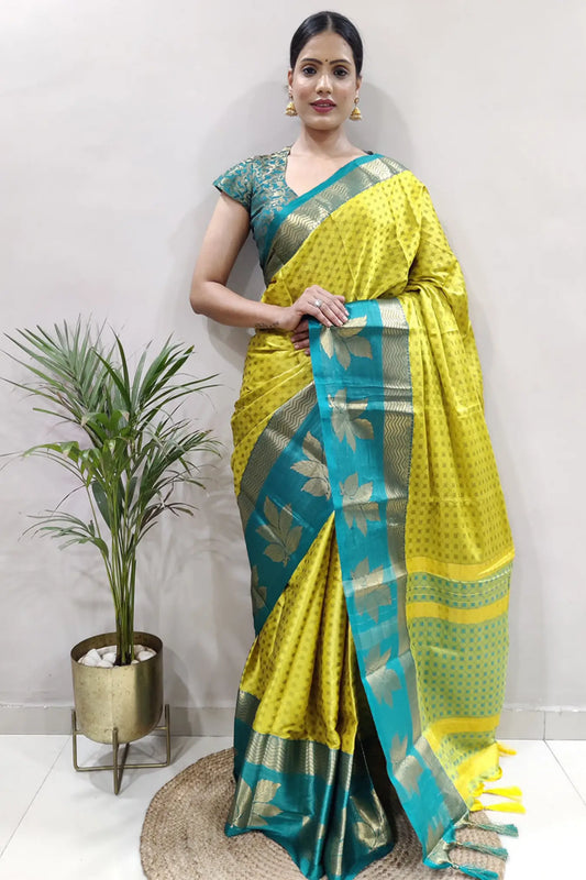 Lemon Yellow Colour Indian Ethnic Wear Banarasi Silk Saree