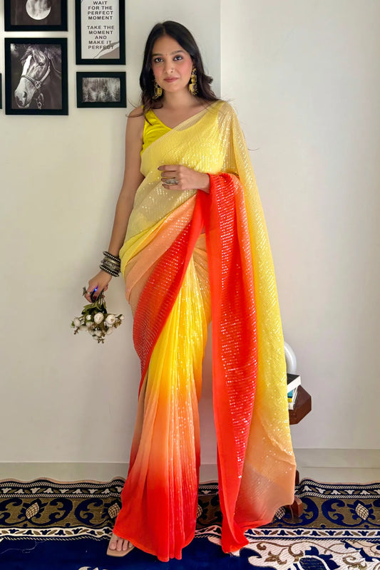 Yellow Colour Designer Ethnic Sequin Party Wear Silk Saree