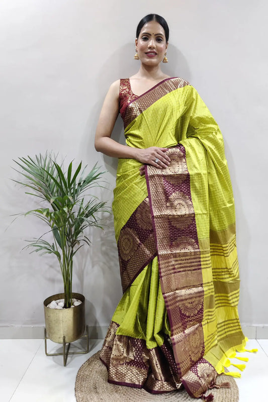 Parrot Colour Ready To Wear Woven Design Banarasi Silk Saree