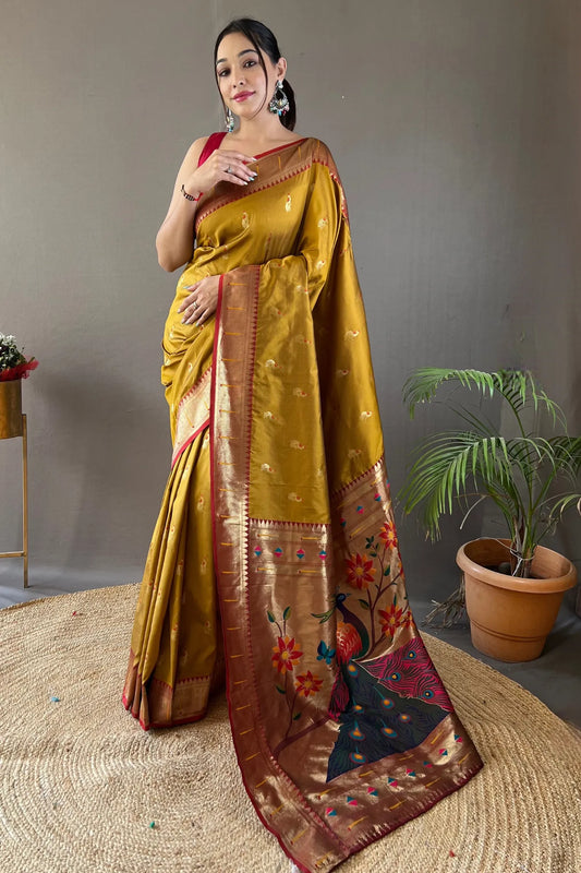 Yellow Colour Contrast Border Weaving Paithani Silk Saree