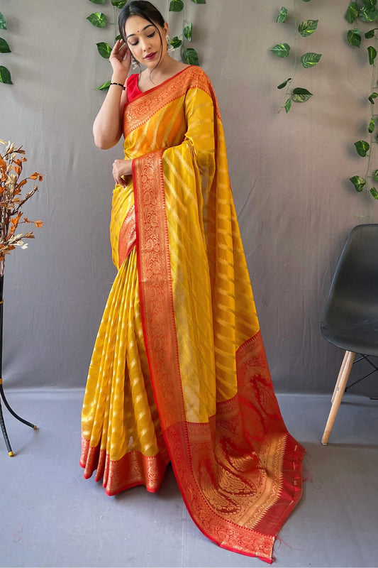Yellow Colour Contrast Woven Organza Leheriya Silk Saree